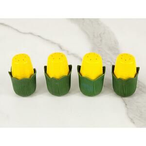 Corn On The Cob Salt Shaker 2" Green Yellow 80's Hong Kong Dinnerware x4 Vintage